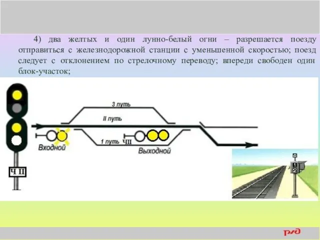 4) два желтых и один лунно-белый огни – разрешается поезду отправиться