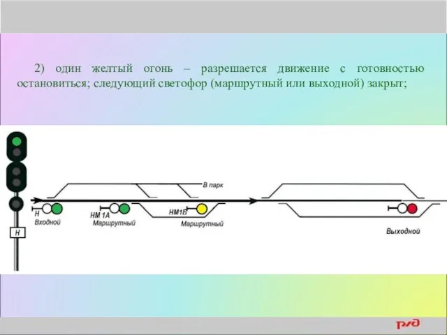 2) один желтый огонь – разрешается движение с готовностью остановиться; следующий светофор (маршрутный или выходной) закрыт;