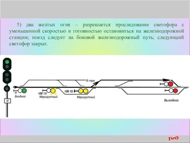 5) два желтых огня – разрешается проследование светофора с уменьшенной скоростью