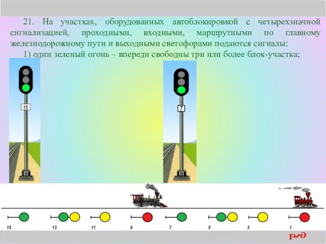 21. На участках, оборудованных автоблокировкой с четырехзначной сигнализацией, проходными, входными, маршрутными