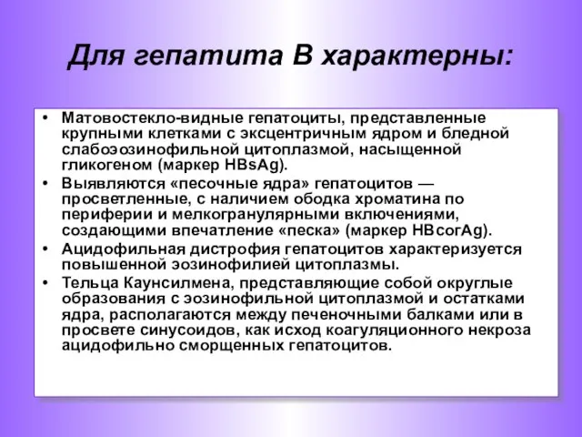 Матовостекло-видные гепатоциты, представленные крупными клетками с эксцентричным ядром и бледной слабоэозинофильной