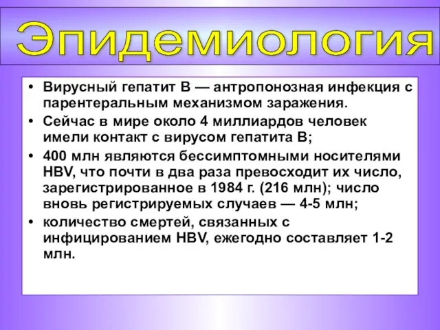 Вирусный гепатит В — антропонозная инфекция с парентеральным механизмом заражения. Сейчас