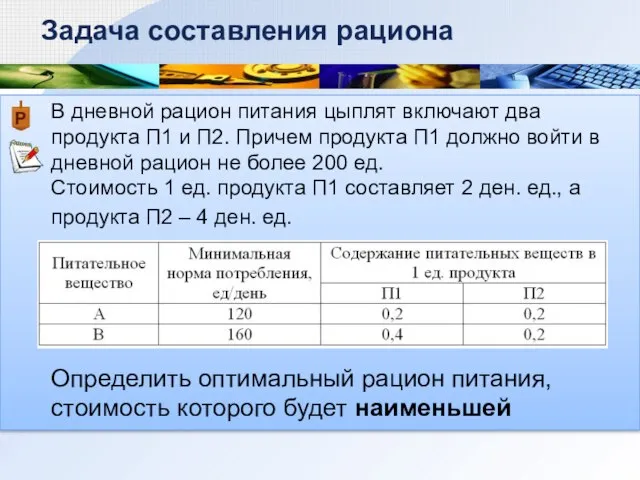 В дневной рацион питания цыплят включают два продукта П1 и П2.