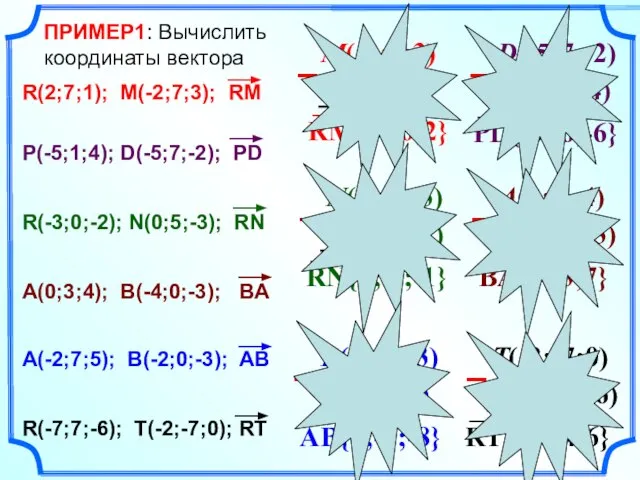 ПРИМЕР1: Вычислить координаты вектора R(2; 7;1) M(-2;7;3) R(2;7;1); M(-2;7;3); RM P(-5;1;4);