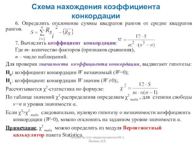 Схема нахождения коэффициента конкордации 6. Определить отклонение суммы квадратов рангов от