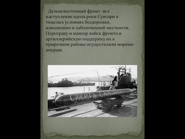 Дальневосточный фронт вел наступление вдоль реки Сунгари в тяжелых условиях бездорожья,