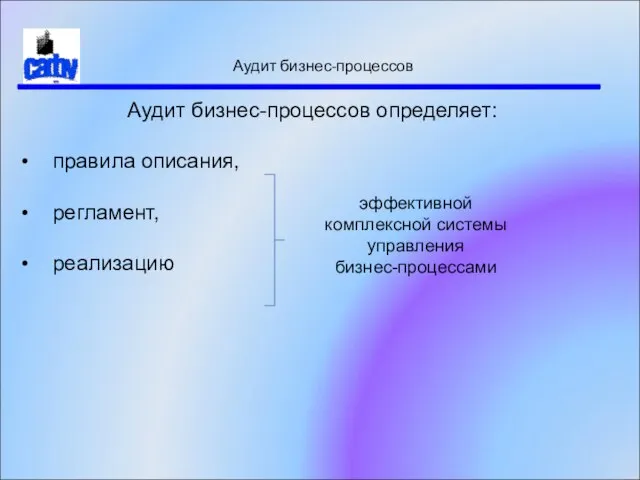 Аудит бизнес-процессов Аудит бизнес-процессов определяет: правила описания, регламент, реализацию эффективной комплексной системы управления бизнес-процессами