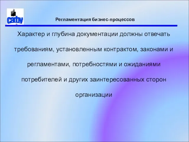 Регламентация бизнес-процессов Характер и глубина документации должны отвечать требованиям, установленным контрактом,