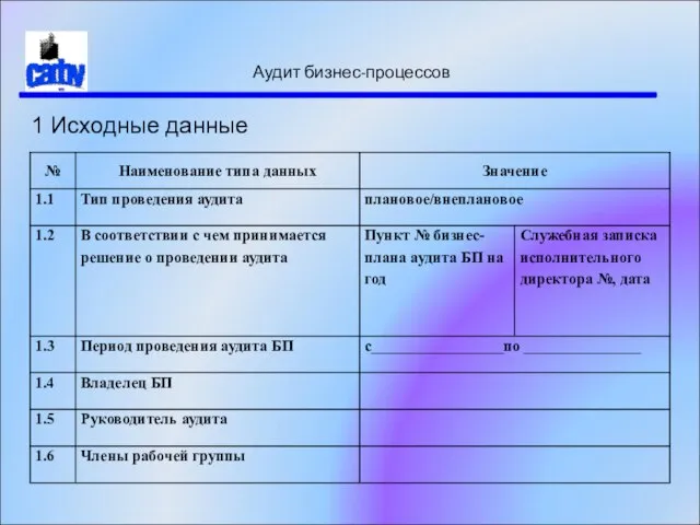 Аудит бизнес-процессов 1 Исходные данные