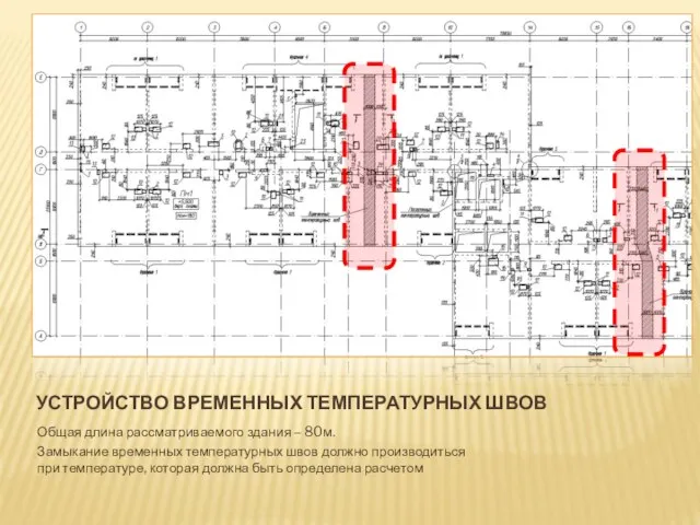 УСТРОЙСТВО ВРЕМЕННЫХ ТЕМПЕРАТУРНЫХ ШВОВ Общая длина рассматриваемого здания – 80м. Замыкание