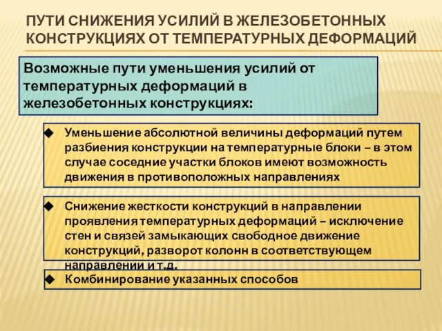 ПУТИ СНИЖЕНИЯ УСИЛИЙ В ЖЕЛЕЗОБЕТОННЫХ КОНСТРУКЦИЯХ ОТ ТЕМПЕРАТУРНЫХ ДЕФОРМАЦИЙ Возможные пути