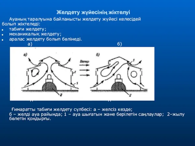 Желдету жүйесінің жіктелуі Ауаның таралуына байланысты желдету жүйесі келесідей болып жіктеледі: