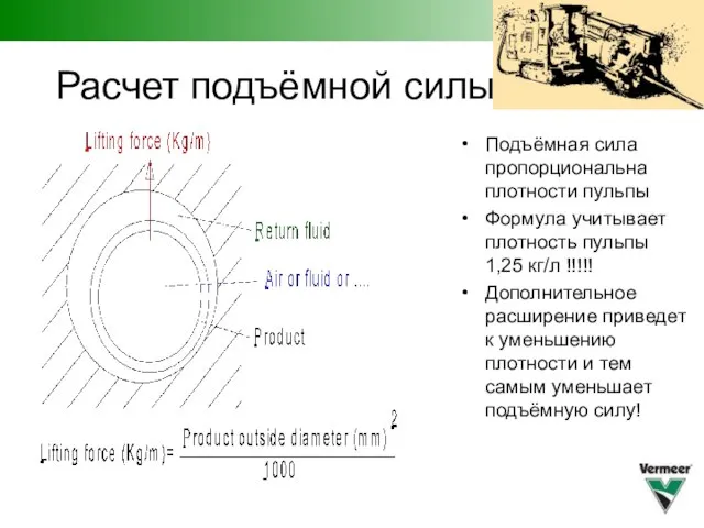 Расчет подъёмной силы Подъёмная сила пропорциональна плотности пульпы Формула учитывает плотность