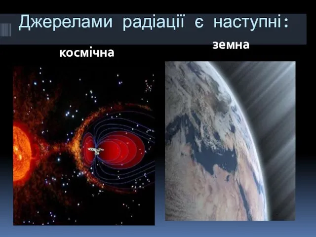 Джерелами радіації є наступні: космічна земна