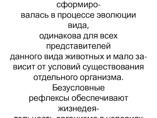 Низшая нервная деятельность-без- условно-рефлекторная, сформиро- валась в процессе эволюции вида, одинакова