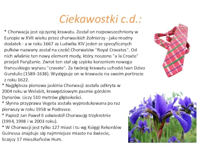 Ciekawostki c.d.: * Chorwacja jest ojczyzną krawatu. Został on rozpowszechniony w