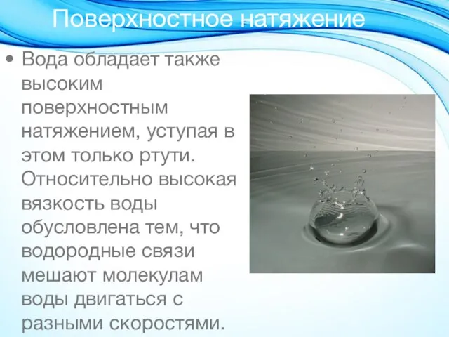 Поверхностное натяжение Вода обладает также высоким поверхностным натяжением, уступая в этом