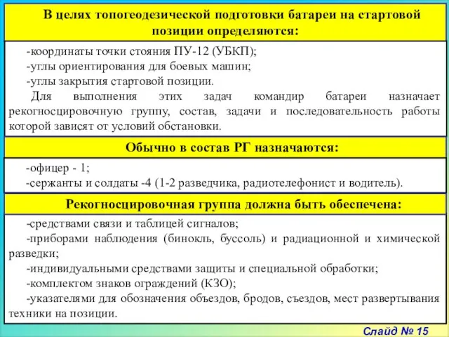 Слайд № 15 В целях топогеодезической подготовки батареи на стартовой позиции