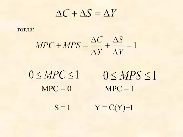 МРС = 0 МРС = 1 тогда: S = I Y = C(Y)+I