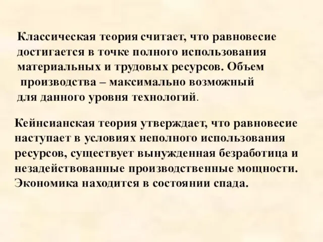 Классическая теория считает, что равновесие достигается в точке полного использования материальных