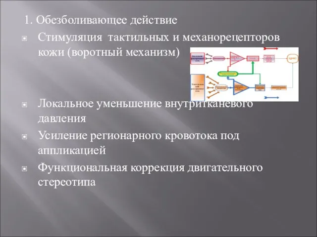 1. Обезболивающее действие Стимуляция тактильных и механорецепторов кожи (воротный механизм) Локальное