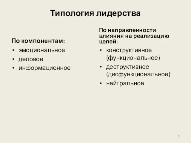 Типология лидерства По компонентам: эмоциональное деловое информационное По направленности влияния на