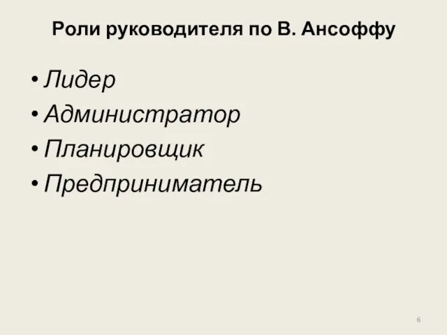 Роли руководителя по В. Ансоффу Лидер Администратор Планировщик Предприниматель