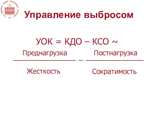 Управление выбросом УОК = КДО – КСО ~ _____________ _ ____________ Преднагрузка Жесткость Постнагрузка Сократимость