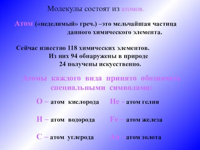 Молекулы состоят из атомов. Атом («неделимый» греч.) –это мельчайшая частица данного