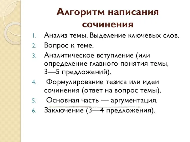 Алгоритм написания сочинения Анализ темы. Выделение ключевых слов. Вопрос к теме.