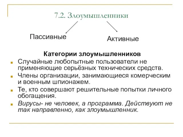 7.2. Злоумышленники Пассивные Активные Категории злоумышленников Случайные любопытные пользователи не применяющие