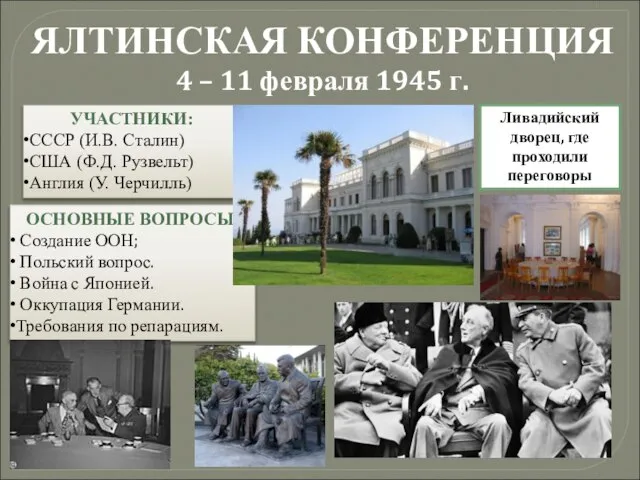 ЯЛТИНСКАЯ КОНФЕРЕНЦИЯ 4 – 11 февраля 1945 г. УЧАСТНИКИ: СССР (И.В.