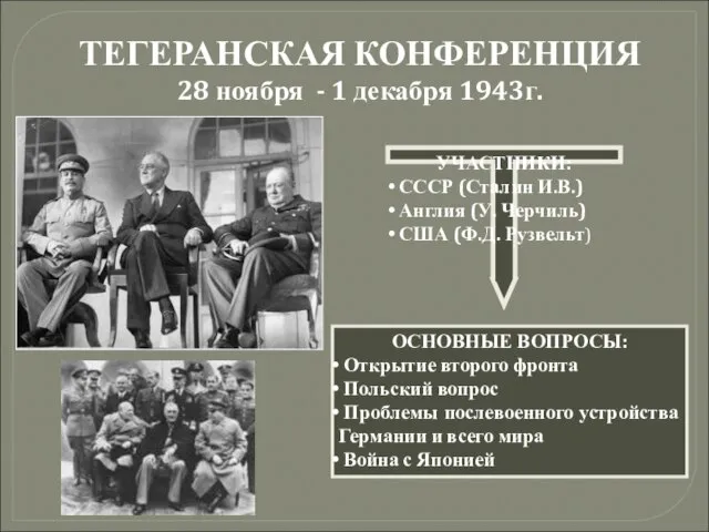 ТЕГЕРАНСКАЯ КОНФЕРЕНЦИЯ 28 ноября - 1 декабря 1943г. УЧАСТНИКИ: СССР (Сталин