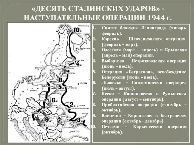 «ДЕСЯТЬ СТАЛИНСКИХ УДАРОВ» - НАСТУПАТЕЛЬНЫЕ ОПЕРАЦИИ 1944 г. Снятие блокады Ленинграда