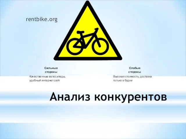 Анализ конкурентов rentbike.org Качественные велосипеды, удобный интернет сайт Сильные стороны Высокая