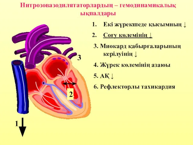 Нитрозовазодилятаторлардың – гемодинамикалық ықпалдары Екі жүрекшеде қысымның ↓ Соғу көлемінің ↓