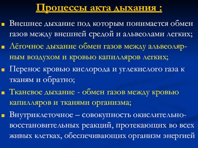 Процессы акта дыхания : Внешнее дыхание под которым понимается обмен газов