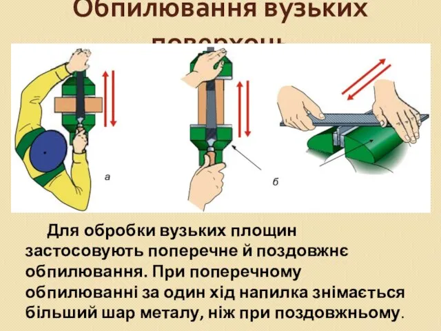 Обпилювання вузьких поверхонь Для обробки вузьких площин застосовують поперечне й поздовжнє