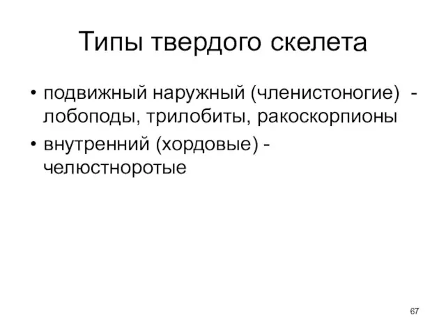 Типы твердого скелета подвижный наружный (членистоногие) - лобоподы, трилобиты, ракоскорпионы внутренний (хордовые) - челюстноротые