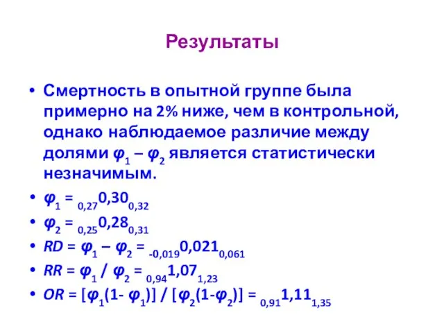 Результаты Смертность в опытной группе была примерно на 2% ниже, чем