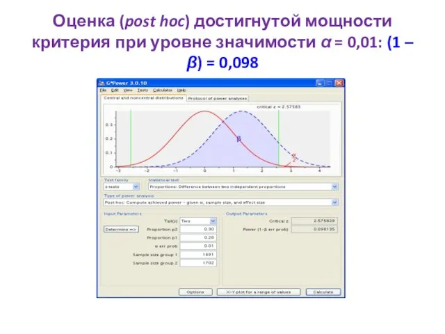Оценка (post hoc) достигнутой мощности критерия при уровне значимости α =