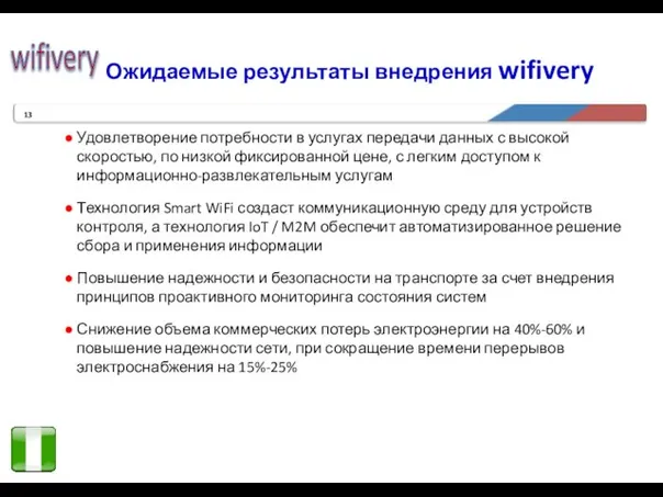 Ожидаемые результаты внедрения wifivery Удовлетворение потребности в услугах передачи данных с