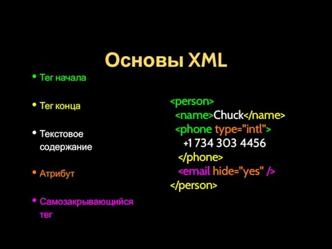 Основы XML Тег начала Тег конца Текстовое содержание Атрибут Самозакрывающийся тег Chuck +1 734 303 4456