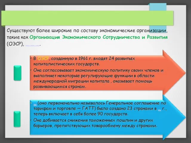 Существуют более широкие по составу экономические организации, такие как Организация Экономического