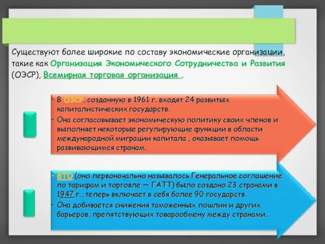 Существуют более широкие по составу экономические организации, такие как Организация Экономического