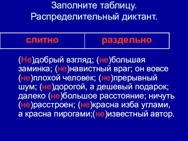 Заполните таблицу. Распределительный диктант. (Не)добрый взгляд; (не)большая заминка; (не)навистный враг; он