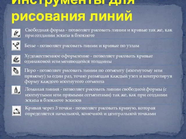 - Инструменты для рисования линий Свободная форма - позволяет рисовать линии