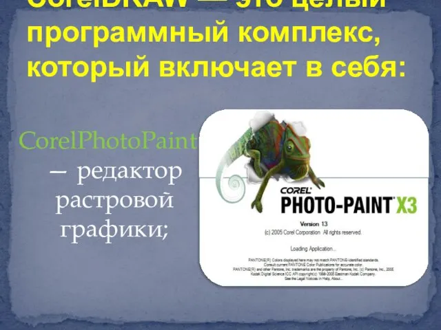 CorelPhotoPaint — редактор растровой графики; CorelDRAW — это целый программный комплекс, который включает в себя: