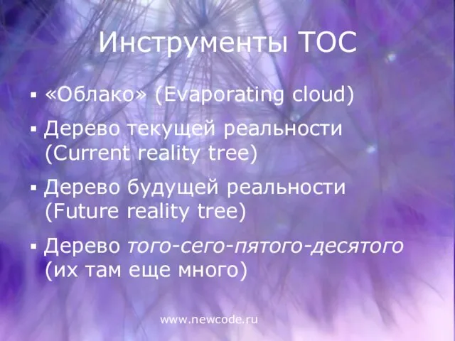 www.newcode.ru Инструменты ТОС «Облако» (Evaporating cloud) Дерево текущей реальности (Current reality