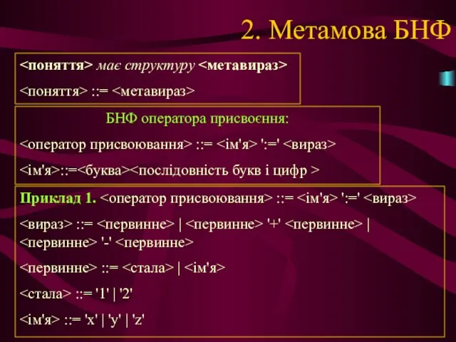 2. Метамова БНФ має структуру ::= БНФ оператора присвоєння: ::= ':='